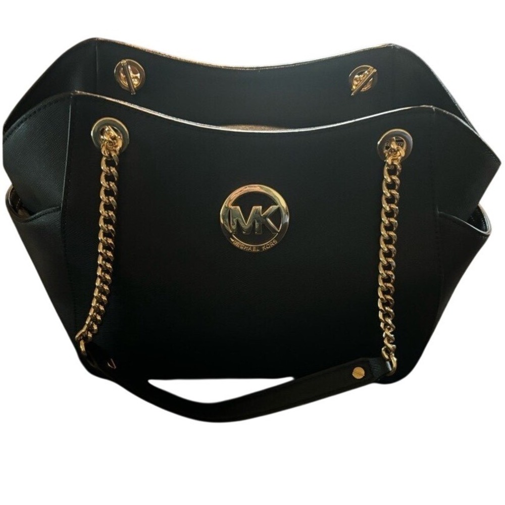 Michael Kors Jet Set East West Black Saffiano Leather Tote Gold Hardware Bag